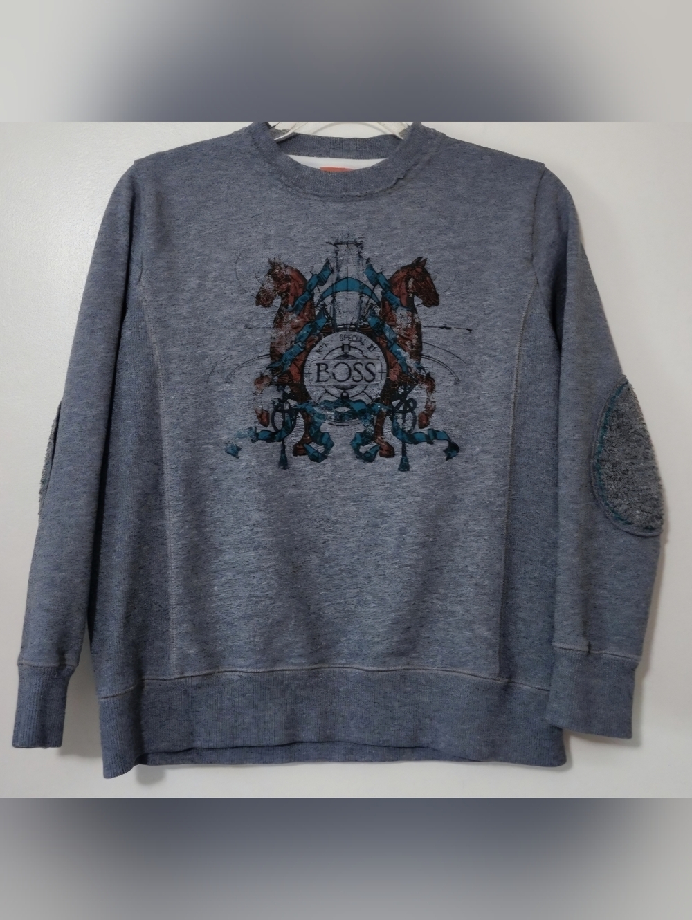 Hugo Boss Boy's Graphic Sweatshirt Elbow Patch Equestrian Preppy Academia Luxury